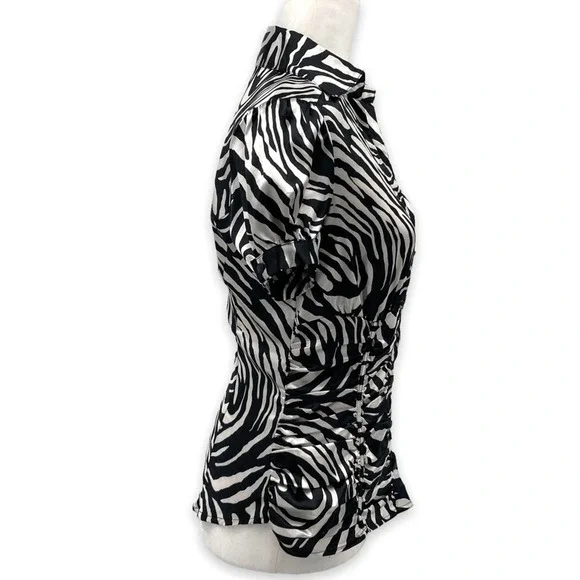 Guess Jeans Zebra Print Silky Short Sleeve Button Front Ruched Collared Blouse - Picture 4 of 14